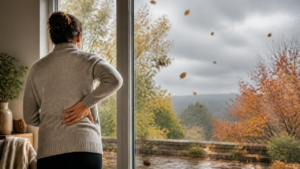 women standing at the window looking at the changing weather experiencing back pain when weather changes